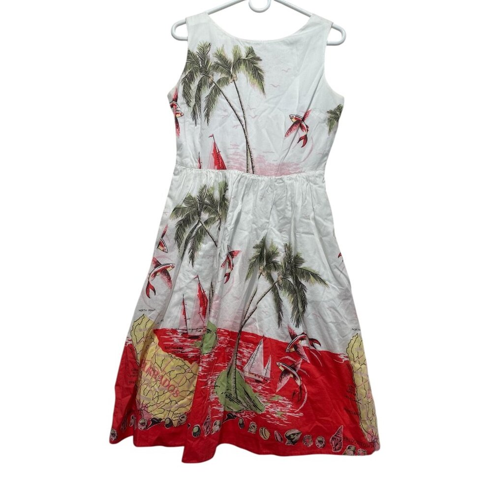 JCrew Barbados Map Palm Tree Fish Novelty Midi Dress Womens 10 Tropical Vacation - Picture 3 of 16